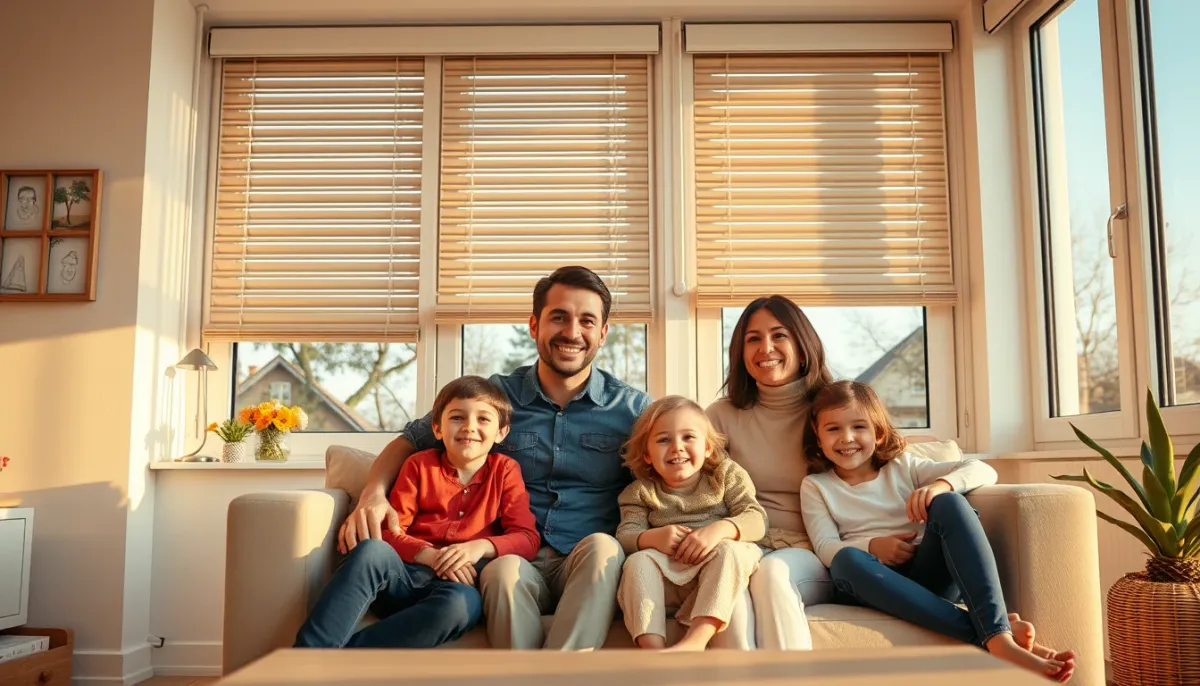 Famille dans un salon lumineux avec volets roulants fermés