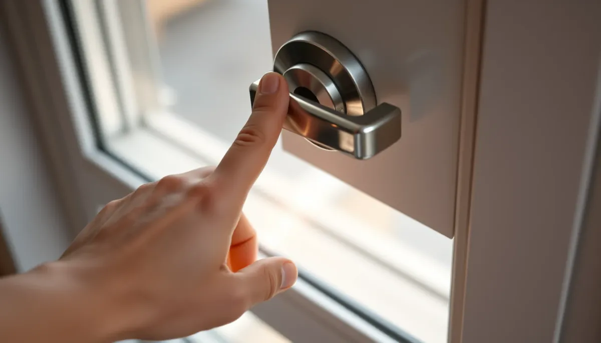 Main actionnant une poignée de fenêtre avec système de verrouillage de sécurité