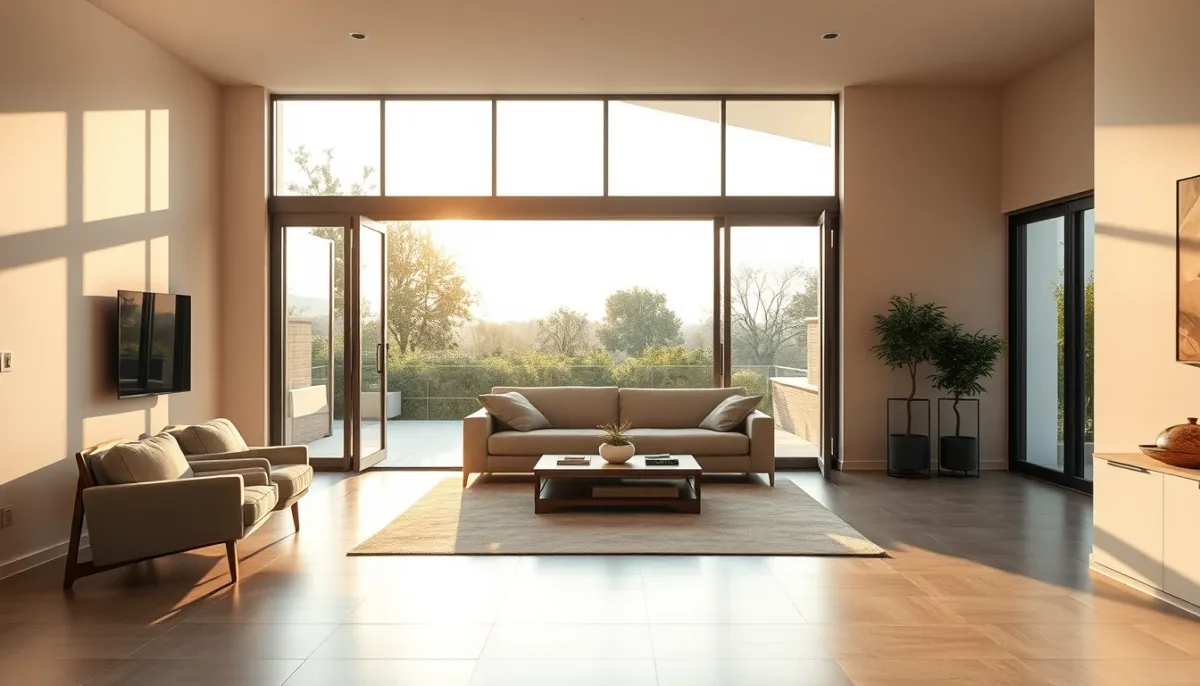 Intérieur lumineux d'une villa des années 70 avec une grande baie vitrée coulissante ouverte sur une terrasse