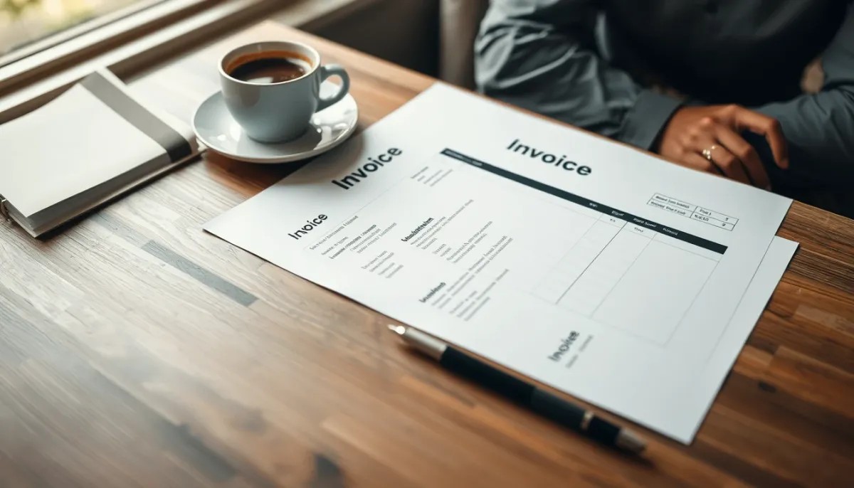 Devis détaillé pour une porte coulissante posé sur une table en bois avec une tasse de café