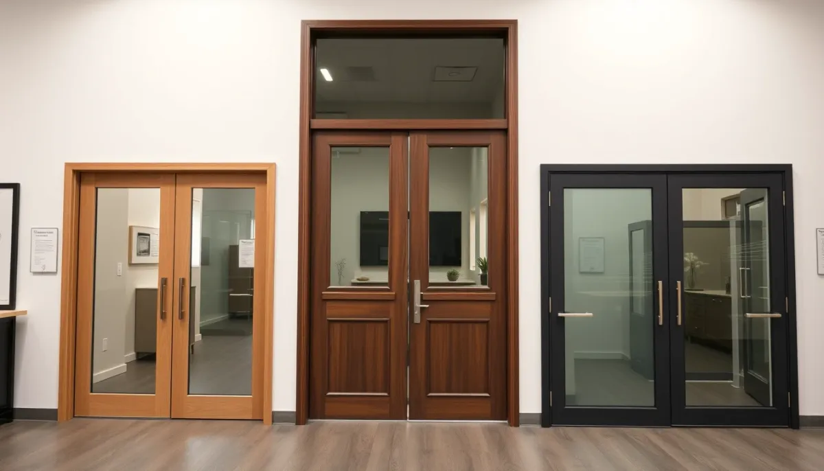 Comparaison visuelle entre une porte coulissante à levage et deux alternatives dans un showroom