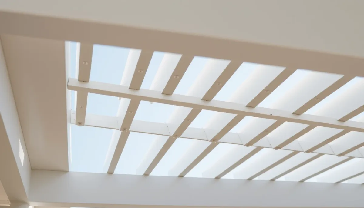 Détail des lamelles orientables d'une pergola en aluminium vues depuis le dessous