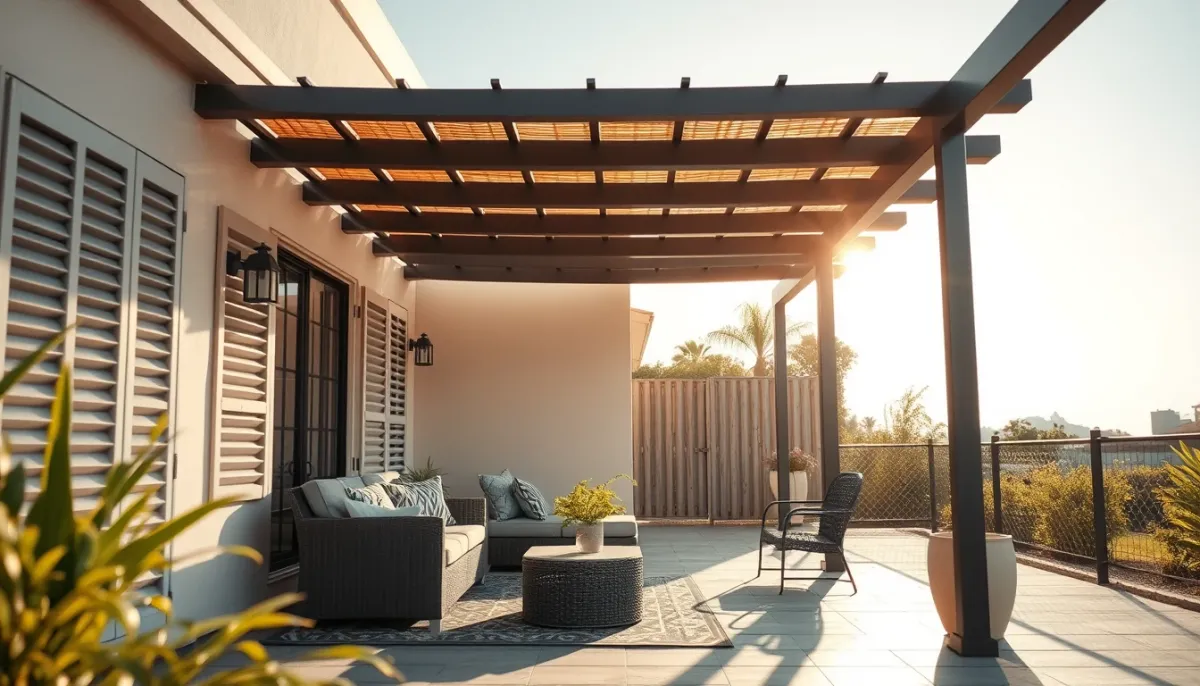 Espace salon confortable sous une pergola à lamelles avec lumière naturelle
