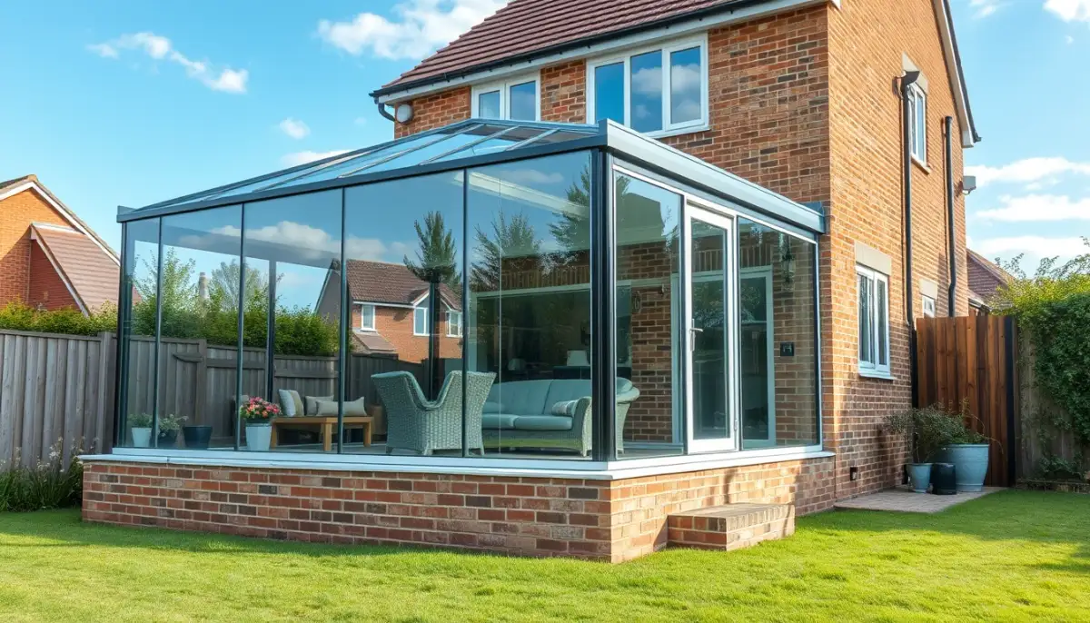 Véranda moderne en verre accolée à une maison en briques vue depuis le jardin