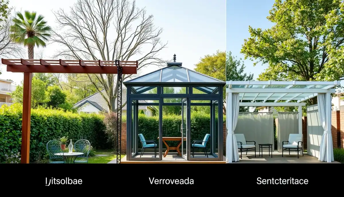 Comparaison visuelle entre une pergola à lamelles, une véranda et une toiture de terrasse dans un jardin