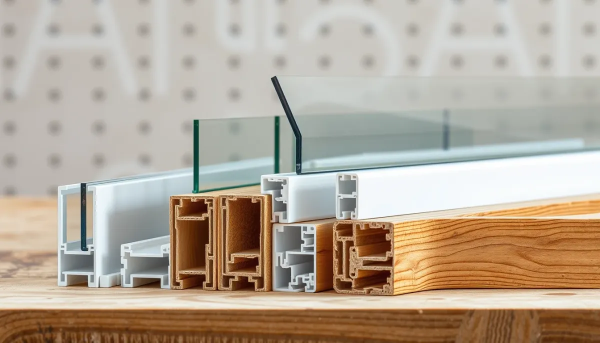 Coupes de profilés de fenêtre en PVC, aluminium et bois sur un établi