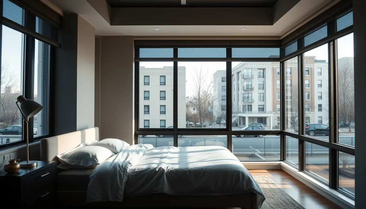Chambre à coucher paisible avec de grandes fenêtres acoustiques donnant sur la rue