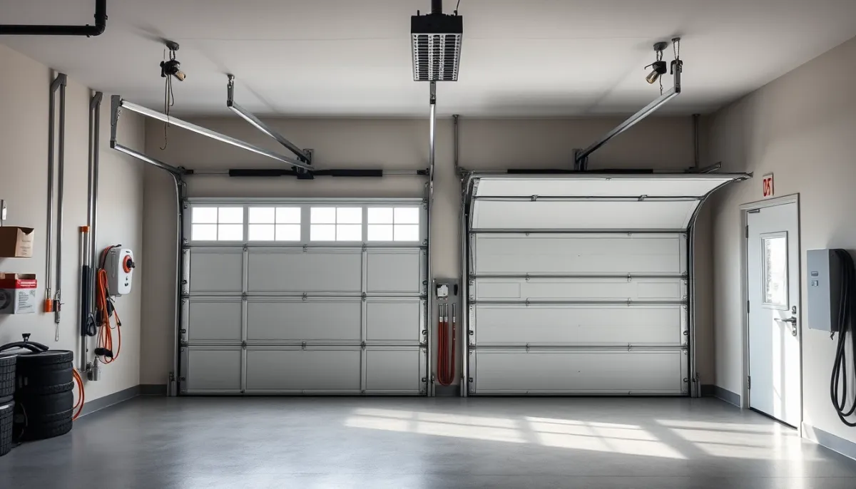 Intérieur de garage moderne avec deux types de portes installées côte à côte, montrant les différences d'encombrement et d'isolation