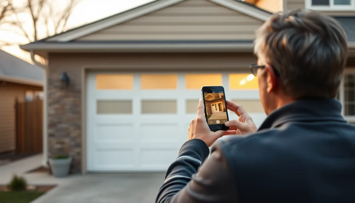 Propriétaire utilisant une application smartphone pour ouvrir une porte de garage sectionnelle