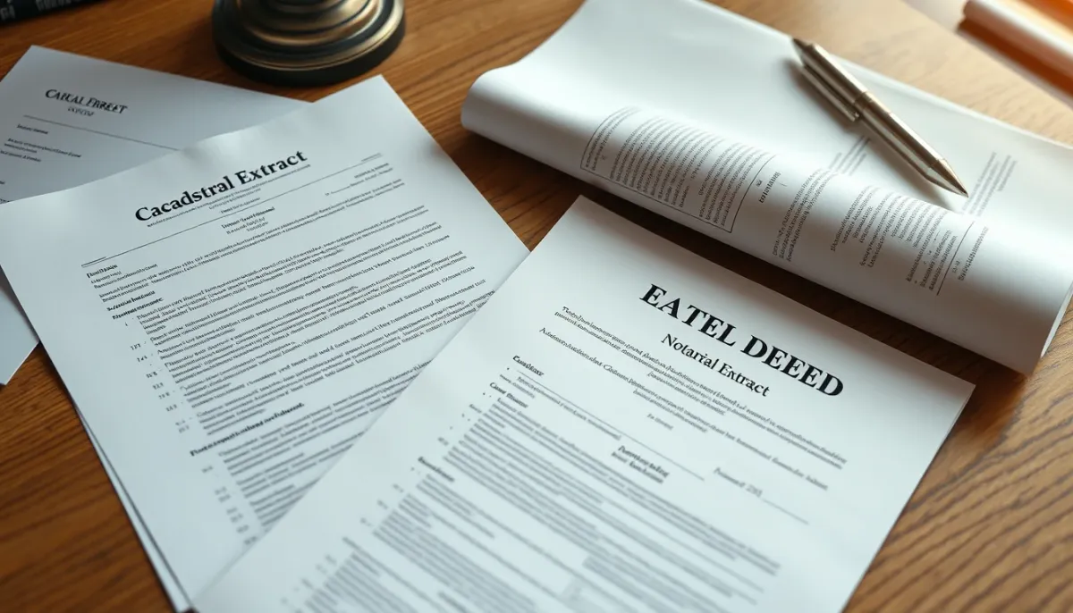 Documents officiels comme un extrait cadastral et une acte notarié posés sur un bureau, illustrant les preuves d'âge d'une habitation