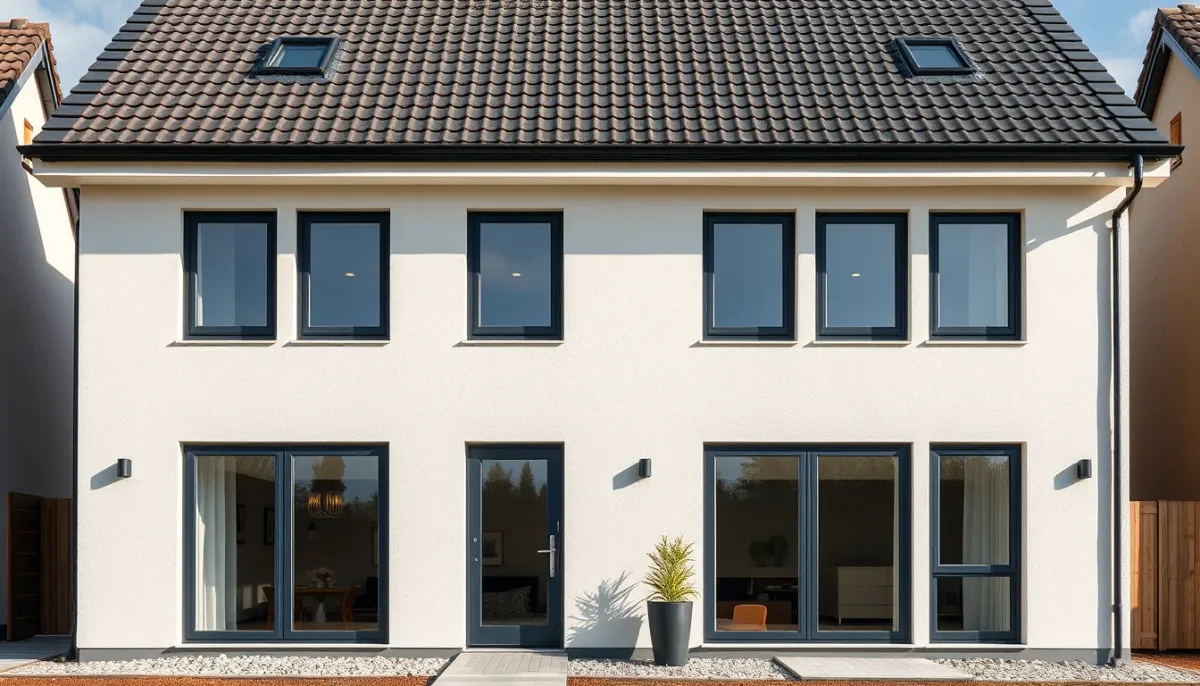 Maison récente avec de grandes fenêtres modernes, illustrant un logement de moins de 10 ans non éligible au taux de TVA réduit
