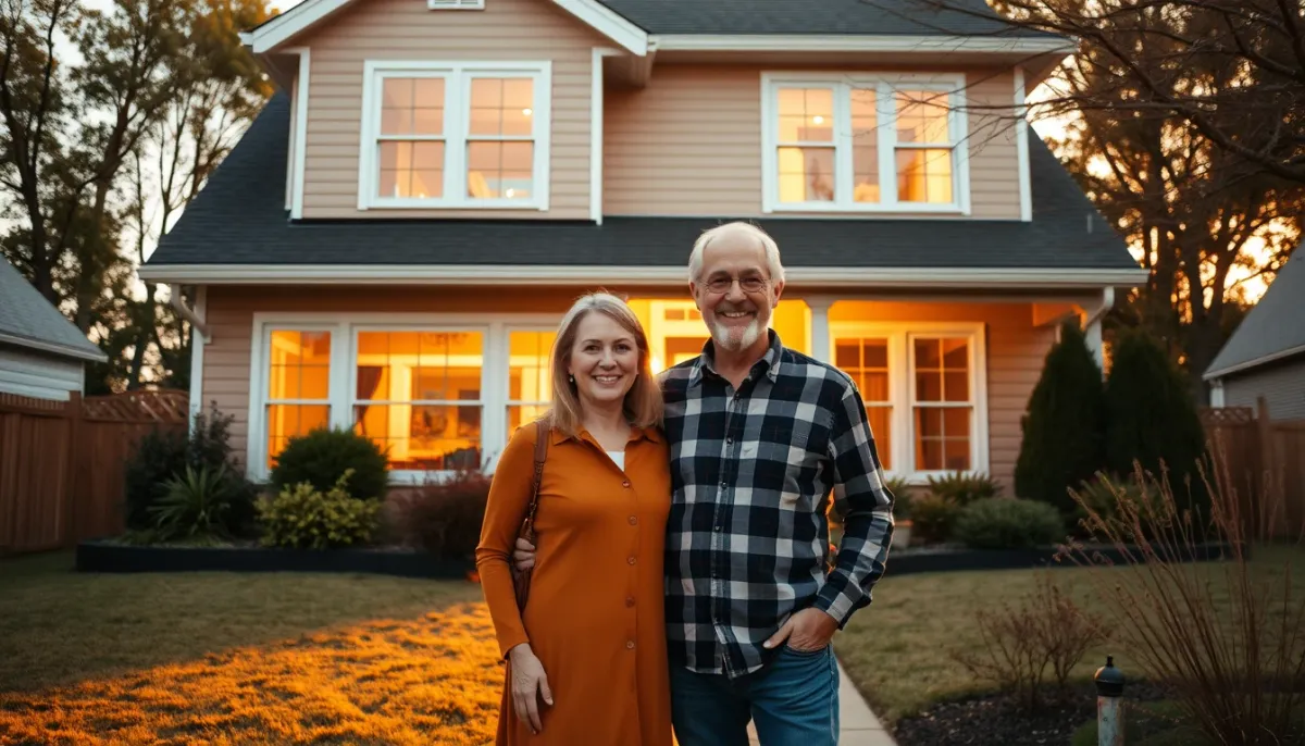 Couple devant une maison rénovée avec de nouvelles fenêtres, symbolisant les propriétaires bénéficiant du taux de TVA réduit