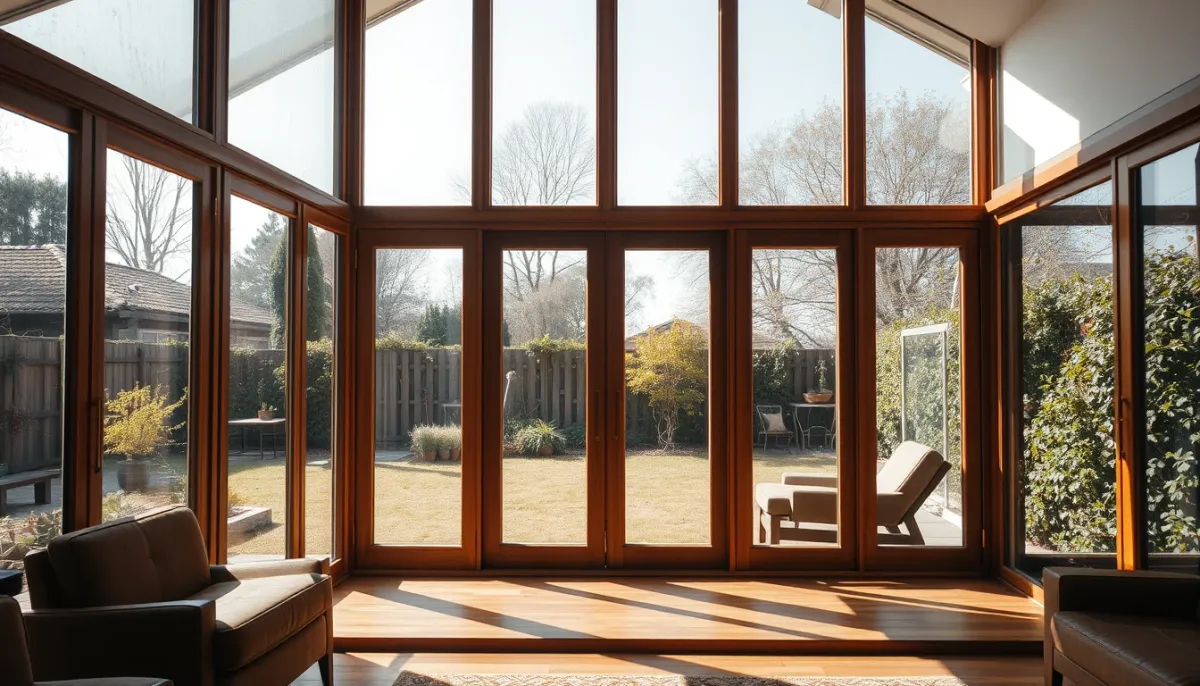 Intérieur d'une villa des années 70 avec grandes baies vitrées fixes et portes coulissantes d'origine
