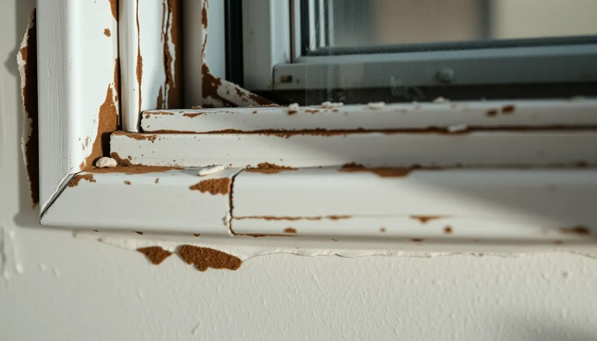 Inspection rapprochée d'un coin de fenêtre avec fissures et traces d'humidité sur le mur