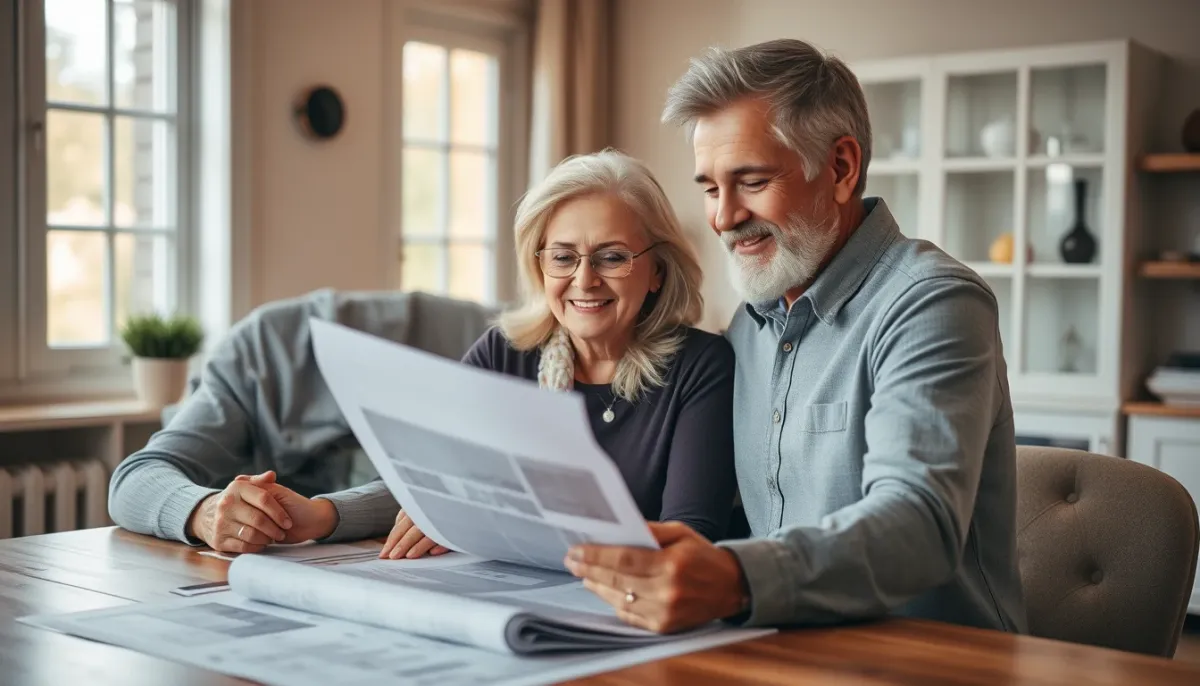 Couple examinant des échantillons de fenêtres et des plans de rénovation sur une table